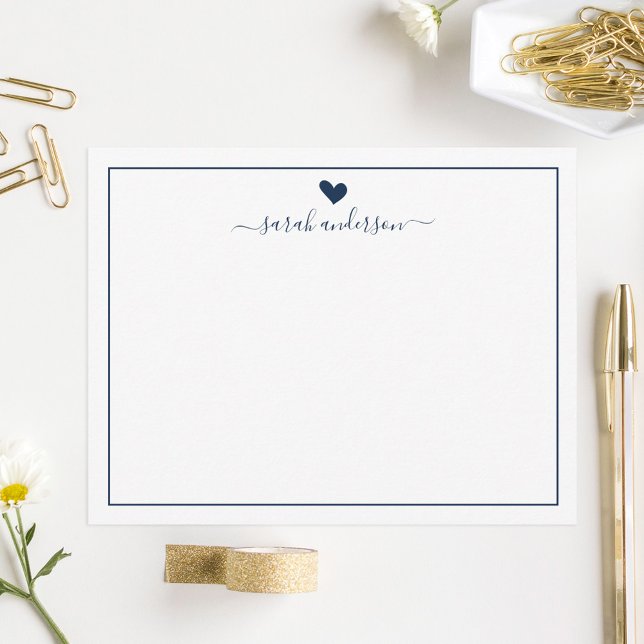 Modern Calligraphy Navy Blue Heart Personalized Note Card (Creator Uploaded)