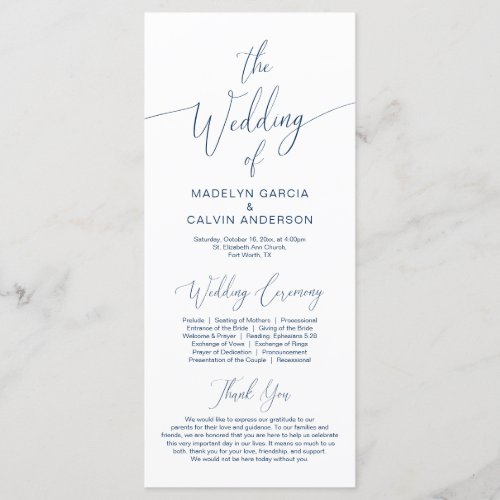 Modern Calligraphy Navy Blue Wedding Ceremony Program