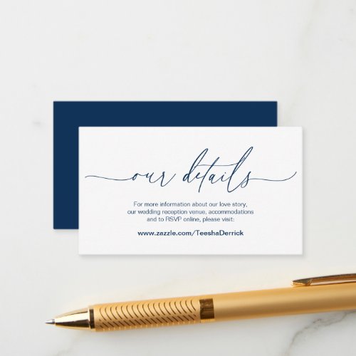 Modern Calligraphy Navy Blue Wedding Details Enclosure Card