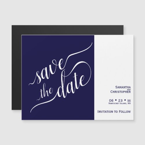 Modern Calligraphy Navy Blue Wedding Save the Date Magnetic Invitation