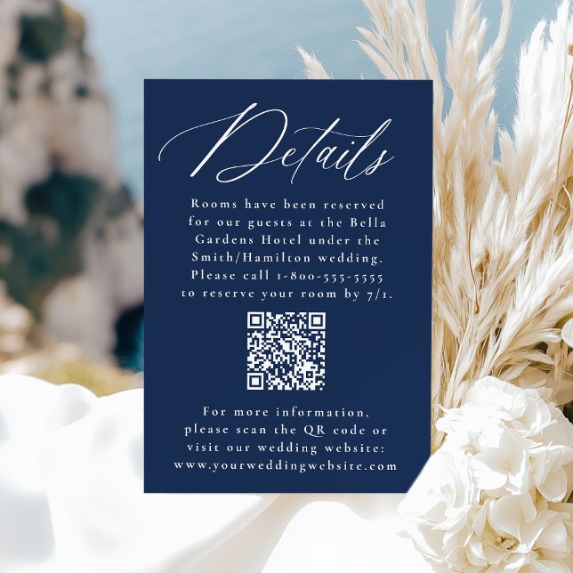 Modern Calligraphy Navy QR Code Wedding Details Enclosure Card (Creator Uploaded)