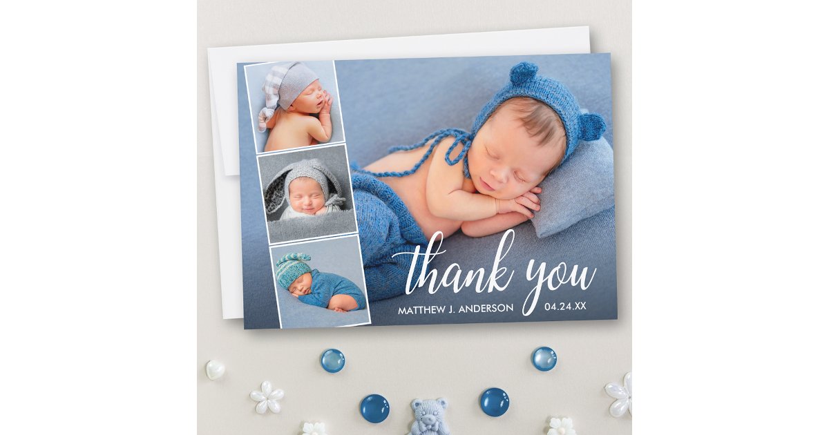 Modern Calligraphy New Baby 4 Photo Collage Thank You Card | Zazzle