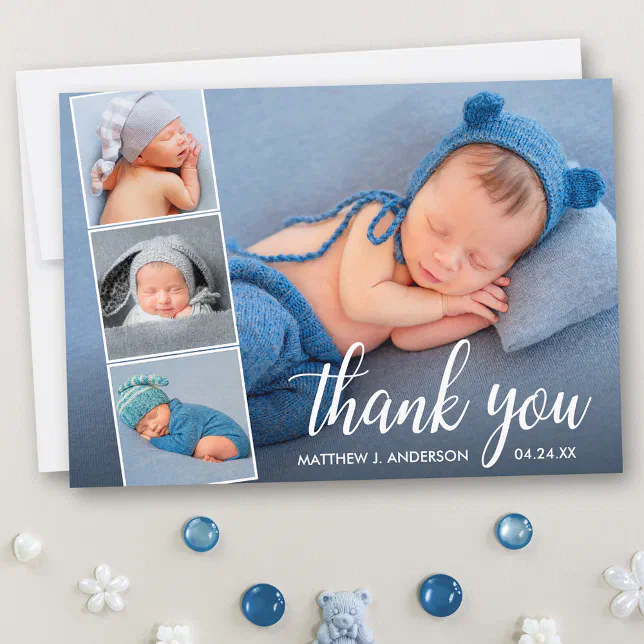 Modern Calligraphy New Baby 4 Photo Collage Thank You Card | Zazzle