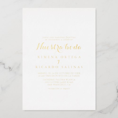 Modern Calligraphy Nuestra Boda Wedding Gold Foil Invitation