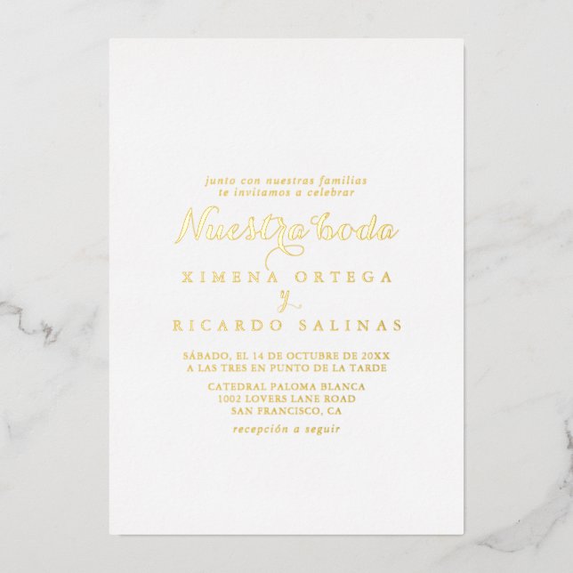 Modern Calligraphy Nuestra Boda Wedding Gold Foil Invitation (Front)