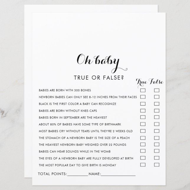 Modern Calligraphy Oh Baby Shower Game (Front/Back)