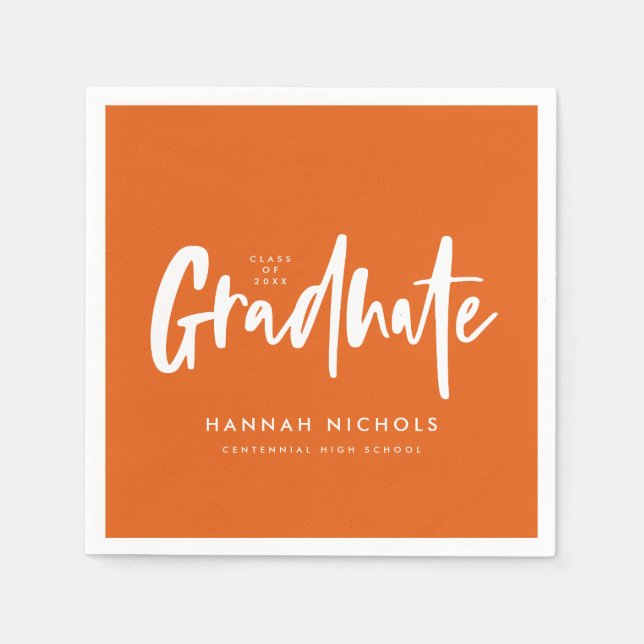 Modern Calligraphy Orange Graduation Party Napkins (Front)