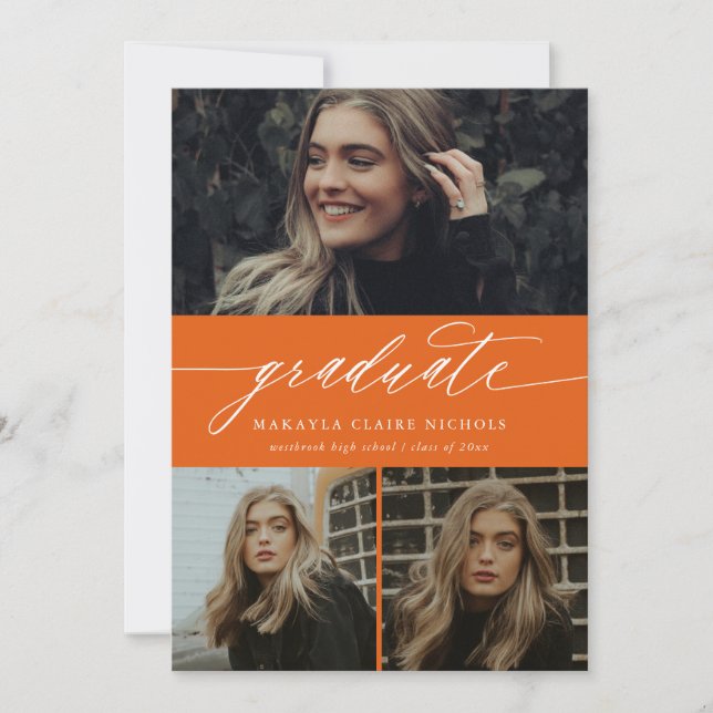 Modern Calligraphy Orange Three Photo Graduation Invitation (Front)