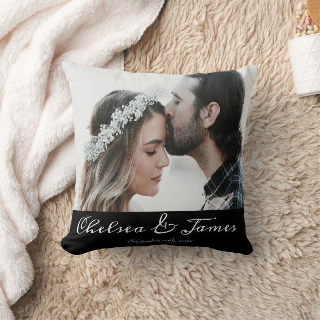 Modern Calligraphy Overlap Photo Couple Wedding  Throw Pillow (Blanket)