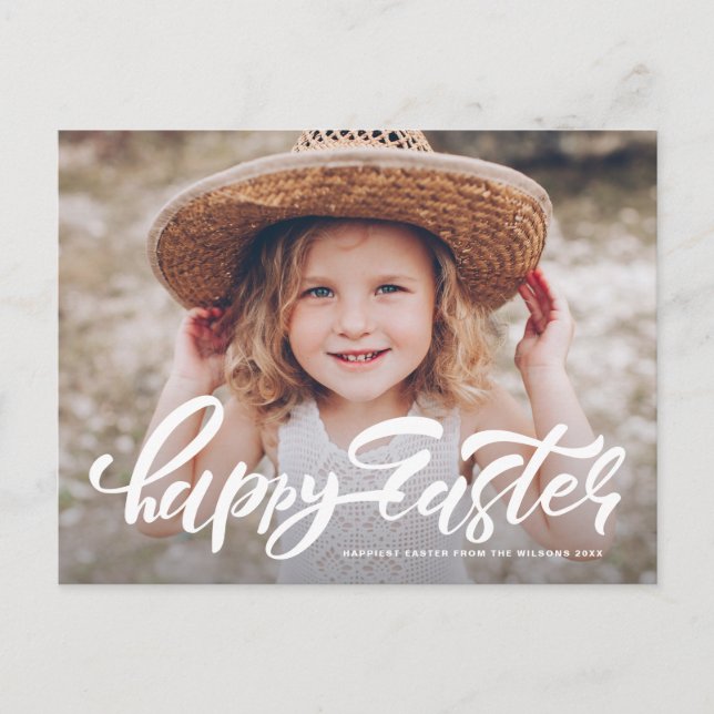 Modern Calligraphy Overlay Happy Easter Photo Holiday Postcard (Front)
