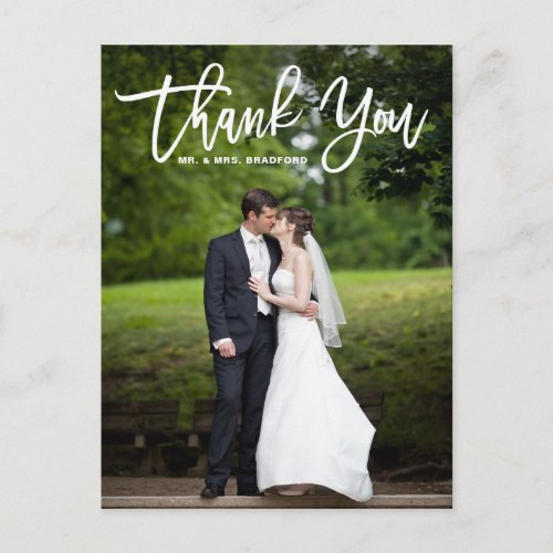 Modern Calligraphy Overlay Photo Wedding Thank You Postcard