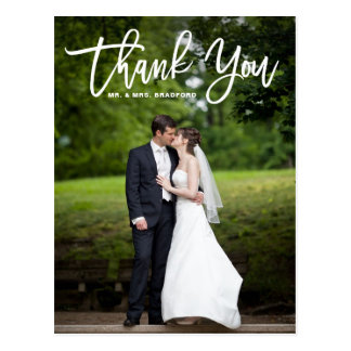 Modern Calligraphy Overlay Photo Wedding Thank You Postcard