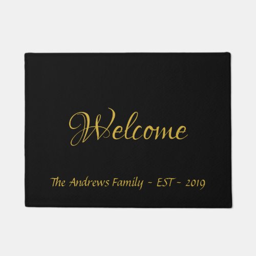 Modern Calligraphy Personalized Black Gold Doormat
