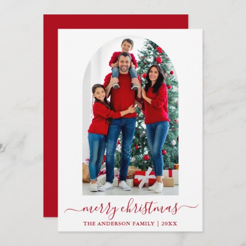 Modern Calligraphy Photo Arch Christmas Red Holiday Card