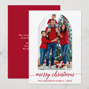 Modern Calligraphy Photo Arch Red Christmas Holiday Card