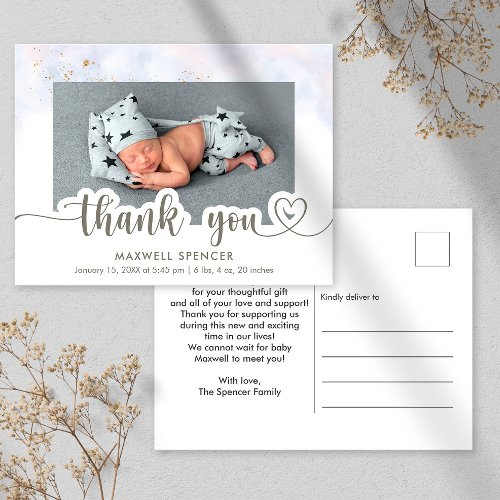 Modern Calligraphy Photo Baby Boy Thank You  Postcard