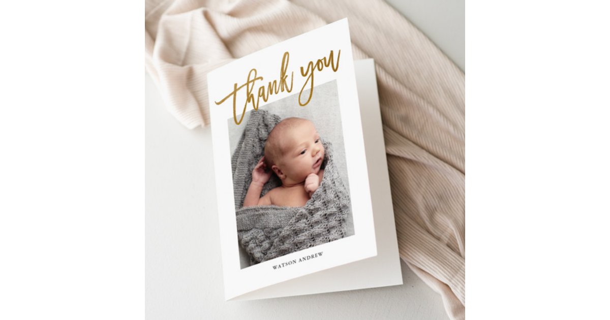 Modern Calligraphy Photo Baby Letterpress Thank You Card | Zazzle