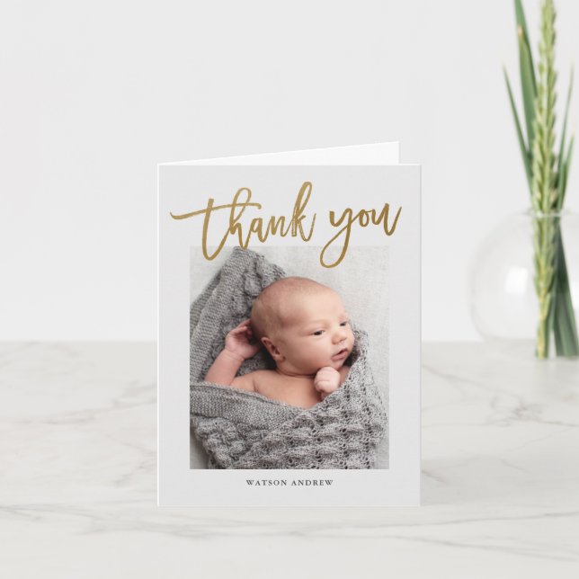 Modern Calligraphy Photo Baby Thank You Card (Front)