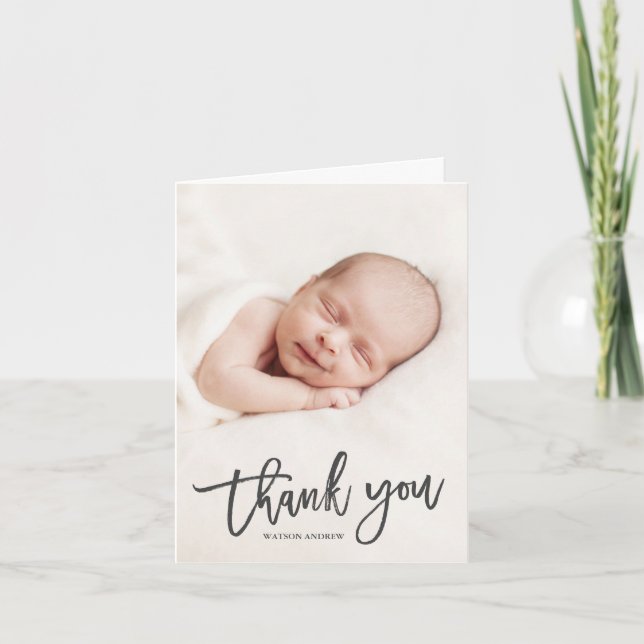 Modern Calligraphy Photo Baby Thank You Card (Front)