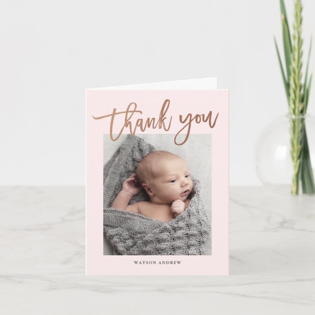 Modern Calligraphy Photo Baby Thank You Card (Front)