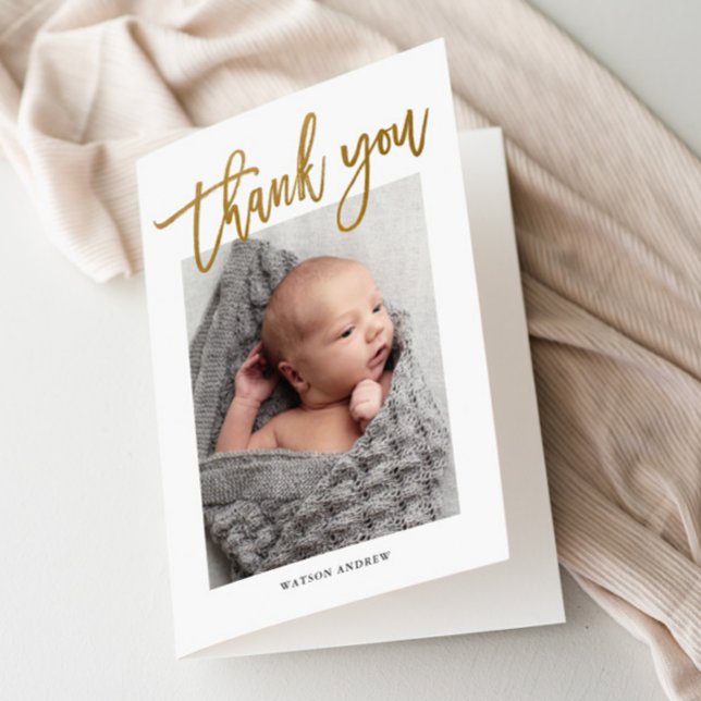 Modern Calligraphy Photo Baby Thank You Card (Modern gold thank you script baby photo thank you card.)