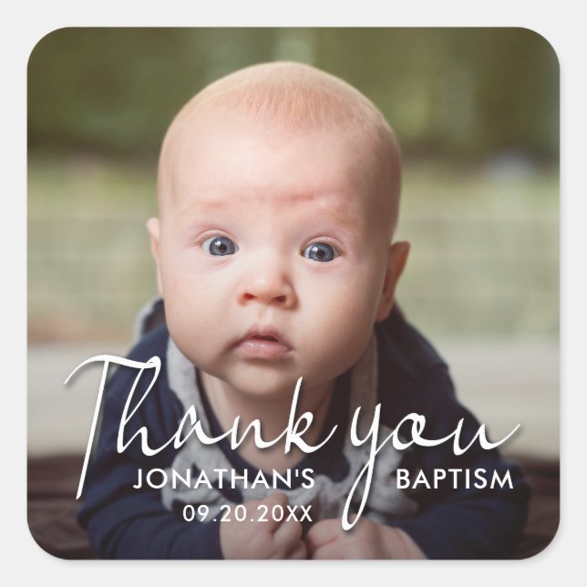 Modern Calligraphy Photo Baptism Thank You Square Sticker (Front)