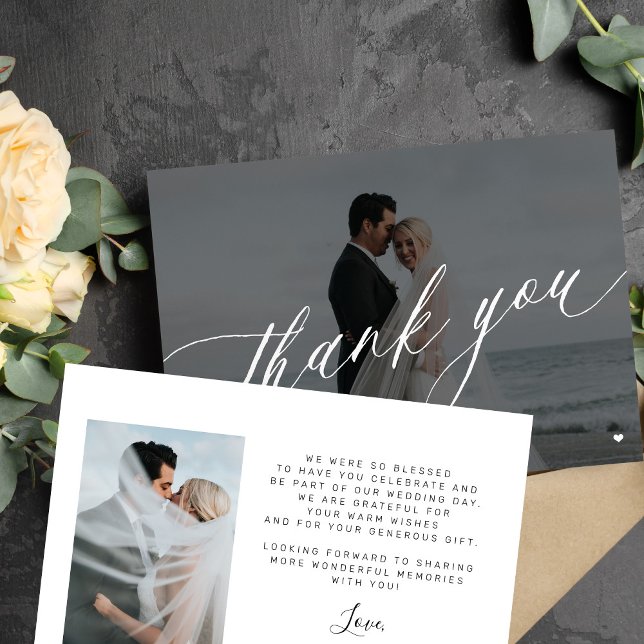 Modern calligraphy photo black and white wedding  thank you card (Creator Uploaded)