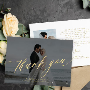 Modern calligraphy photo black gold wedding thank you card