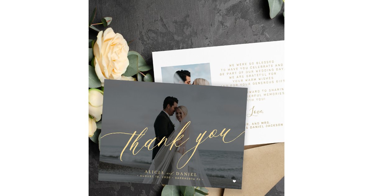Modern calligraphy photo black gold wedding thank you card | Zazzle