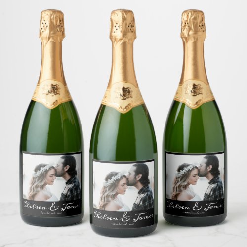 Modern Calligraphy Photo Black  White Wedding  Sparkling Wine Label