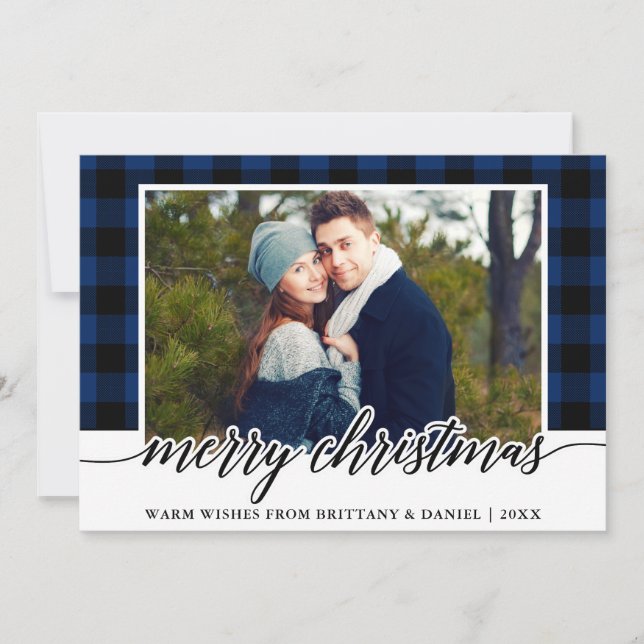 Modern Calligraphy Photo Blue Plaid Christmas Holiday Card (Front)