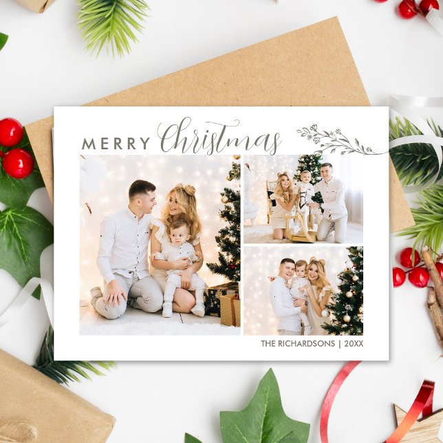 Modern Calligraphy Photo Collage Merry Christmas Postcard (Creator Uploaded)