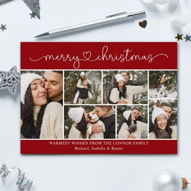 Modern Calligraphy Photo Collage Red Christmas Card (Creator Uploaded)