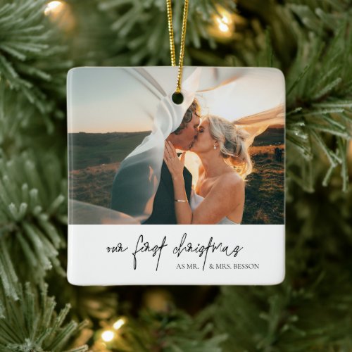 Modern Calligraphy Photo Elegant Newlywed Ceramic Ornament