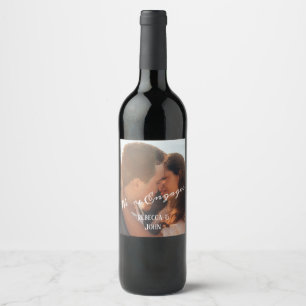 Modern Calligraphy Photo Engagement Party Favor Wine Label
