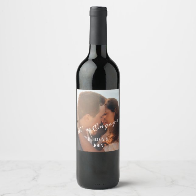 Modern Calligraphy Photo Engagement Party Favor Wine Label (Front)