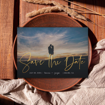 Modern Calligraphy Photo Gold Save The Date by beckynimoy at Zazzle
