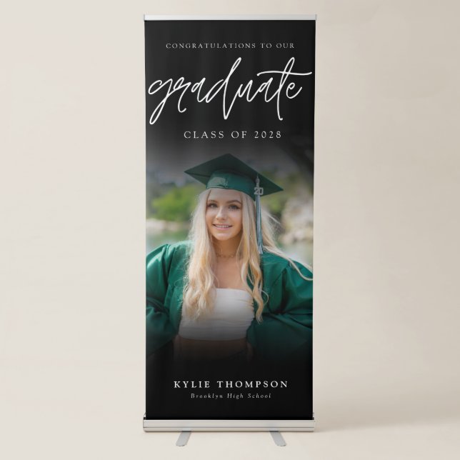 Modern Calligraphy Photo Graduation Black Vertical Retractable Banner (Front)