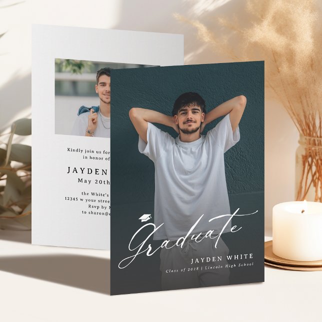 Modern Calligraphy Photo Graduation Invitation (Modern Calligraphy Photo Graduation Announcement)