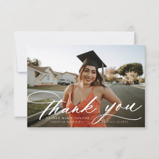 Modern Calligraphy Photo Graduation Thank You Card (Front)