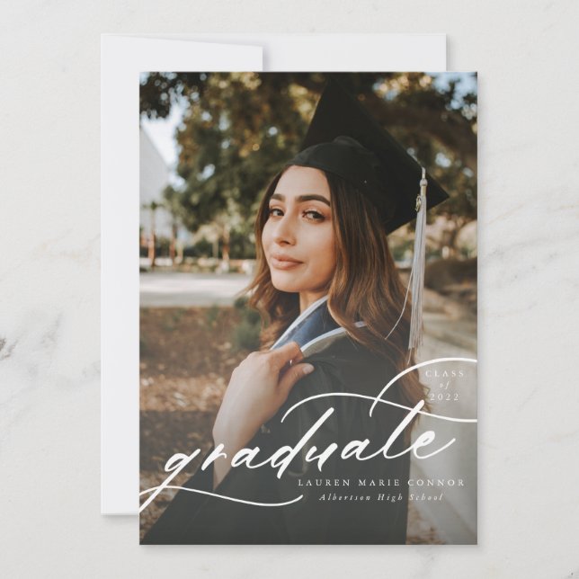 Modern Calligraphy Photo Graduation Vertical Announcement (Front)