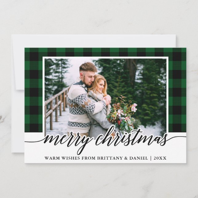 Modern Calligraphy Photo Green Plaid Christmas Holiday Card (Front)