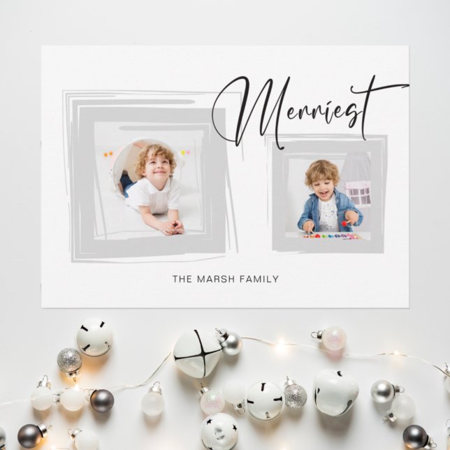 Modern Calligraphy/Photo in Grey Brushstroke Frame Holiday Postcard (Creator Uploaded)