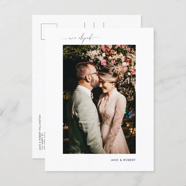 Modern Calligraphy Photo Just Married Elopement Announcement Postcard ...