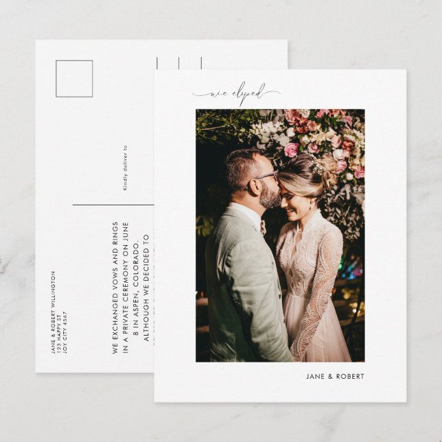 Modern Calligraphy Photo Just Married Elopement Announcement Postcard (Front/Back)