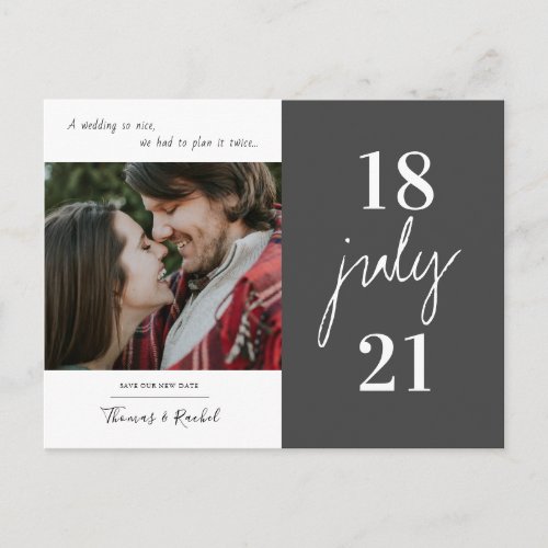 modern calligraphy photo new date wedding postpone postcard