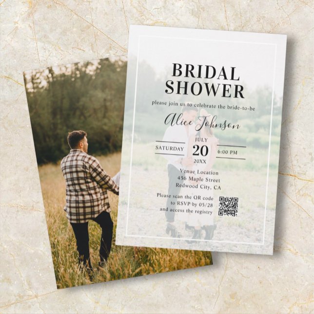 Modern Calligraphy Photo QR Code Bridal Shower Invitation (Creator Uploaded)