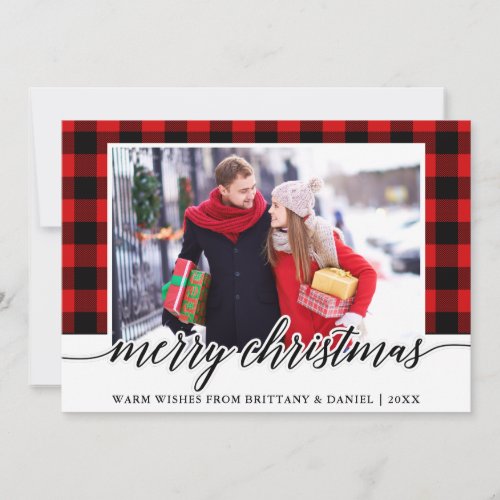 Modern Calligraphy Photo Red Plaid Christmas Holiday Card