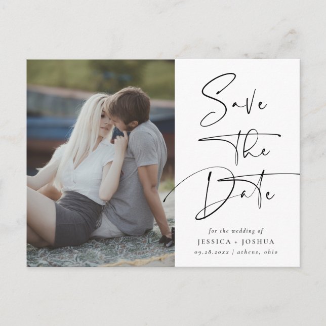 Modern Calligraphy Photo Save the Date Postcard (Front)