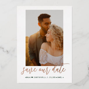 Modern Calligraphy Photo Save the Dates Engaged Foil Invitation